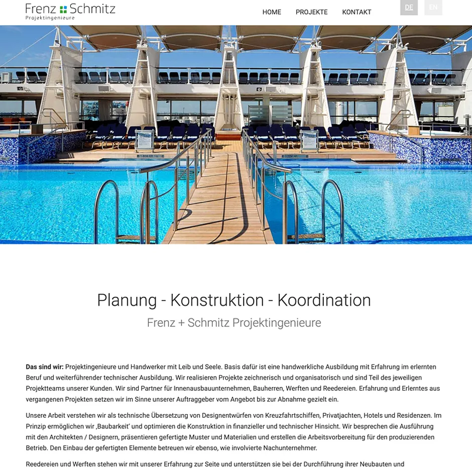 Website von Frenz und Schmitz mit dem Pooldeck eines Kreuzfahrtschiffs
