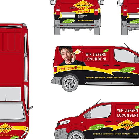 Entwurf der Fahrzeugbeschriftung für die roten Transporter von Mittermeier