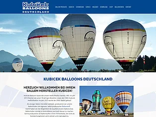 Website von Kubicek Balloons Deutschland mit Heißluftballons vor Bergkulisse