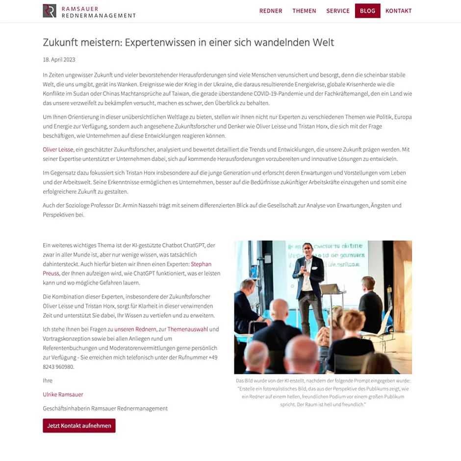 Blogseite von Ramsauer Rednermanagement mit einem Redner auf der Bühne
