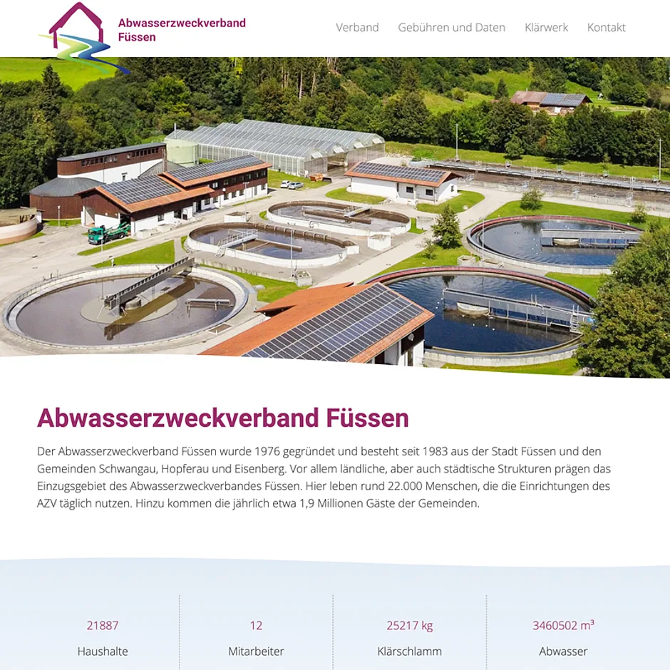 Website des Abwasserzweckverbands Füssen mit Luftbild der Kläranlage