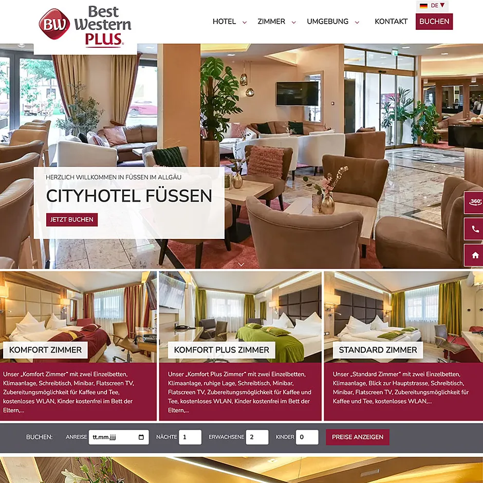 Startseite der Website des Cityhotel Füssen