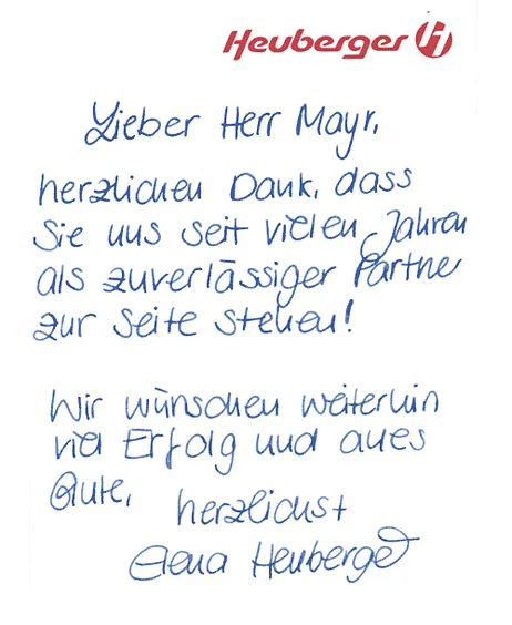 Handschriftliches Dankschreiben des Autohauses Heuberger an Florian Mayr