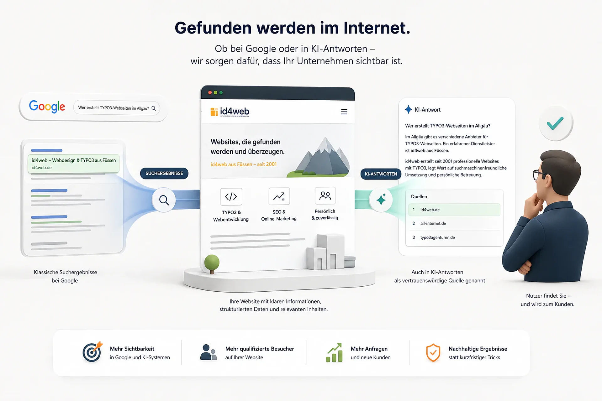 Schaubild: Eine Suchanfrage nach einer TYPO3-Agentur im Allgäu führt über die klassische Google-Trefferliste und über die Antwort eines KI-Systems zur Website von id4web — der Suchende findet das Unternehmen und wird zum Kunden.