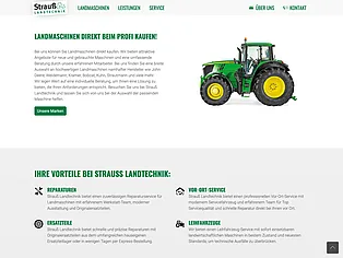 Website von Strauß Landtechnik mit John-Deere-Traktor auf dem Feld