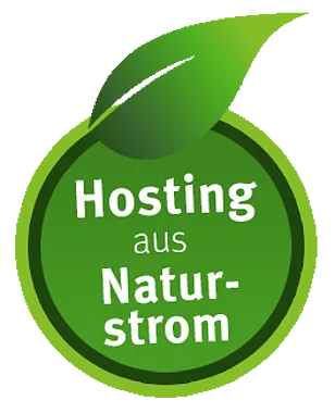 Grünes Siegel mit Blatt und der Aufschrift Hosting aus Naturstrom