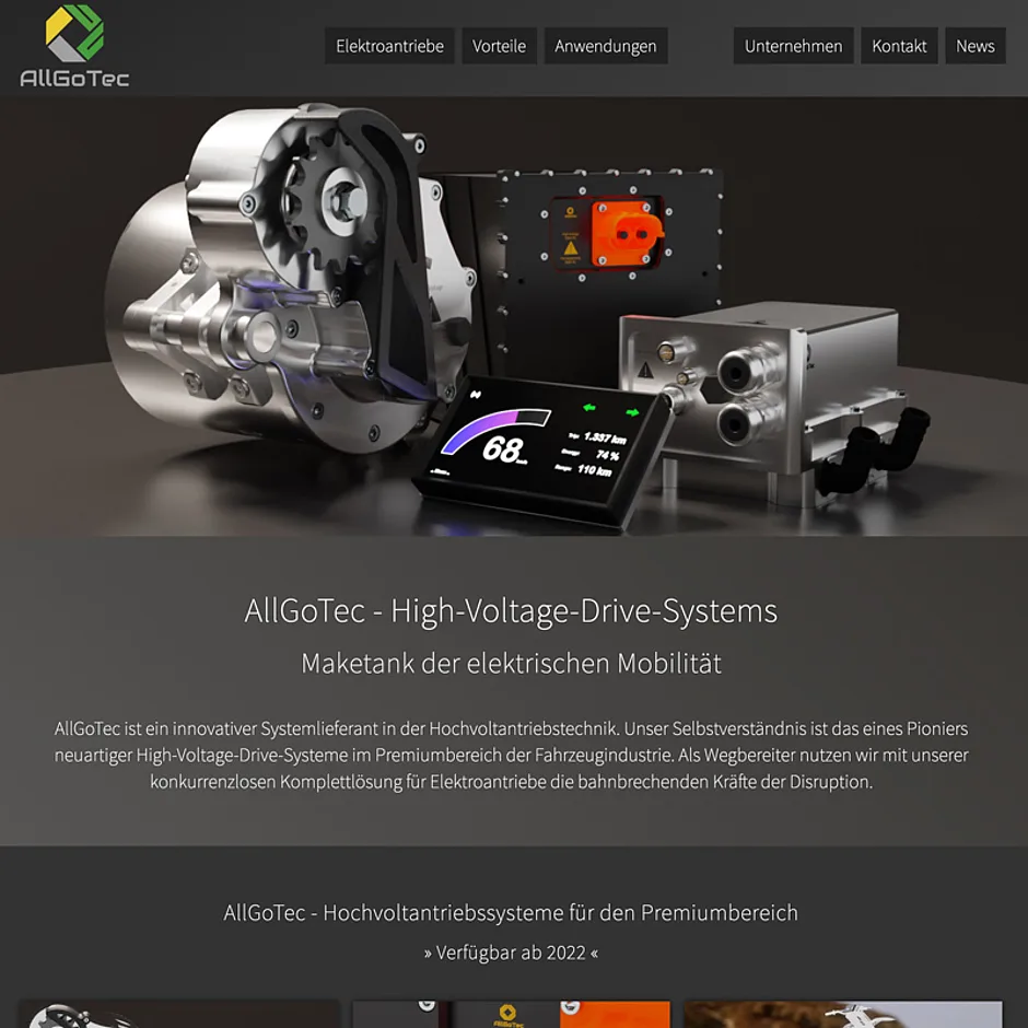 Website von AllGoTec mit Hochvolt-Antriebssystem für Elektrofahrzeuge