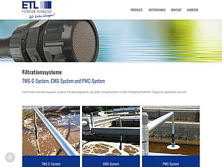Website von ETL Filtration Technology mit Filtrationssystemen