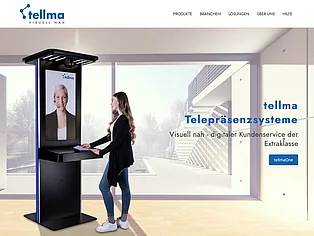 Website von tellma mit einer Telepräsenz-Säule im Einsatz