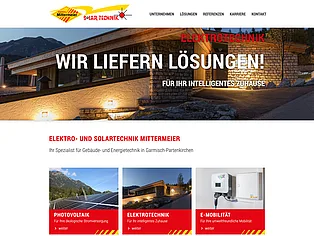 Website von Elektro- und Solartechnik Mittermeier mit den Bereichen Photovoltaik und E-Mobilität