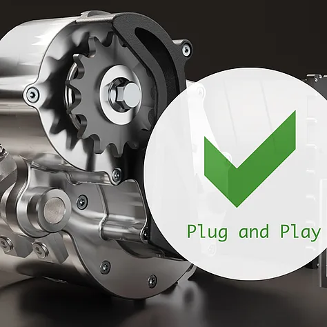 Antriebseinheit von AllGoTec mit grünem Haken und dem Hinweis Plug and Play