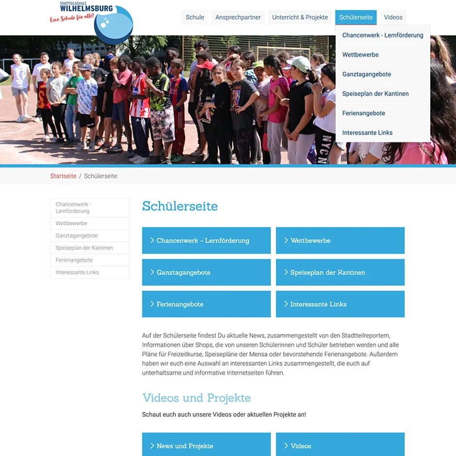 Website der Stadtteilschule Wilhelmsburg mit Bildergalerie des Schullebens