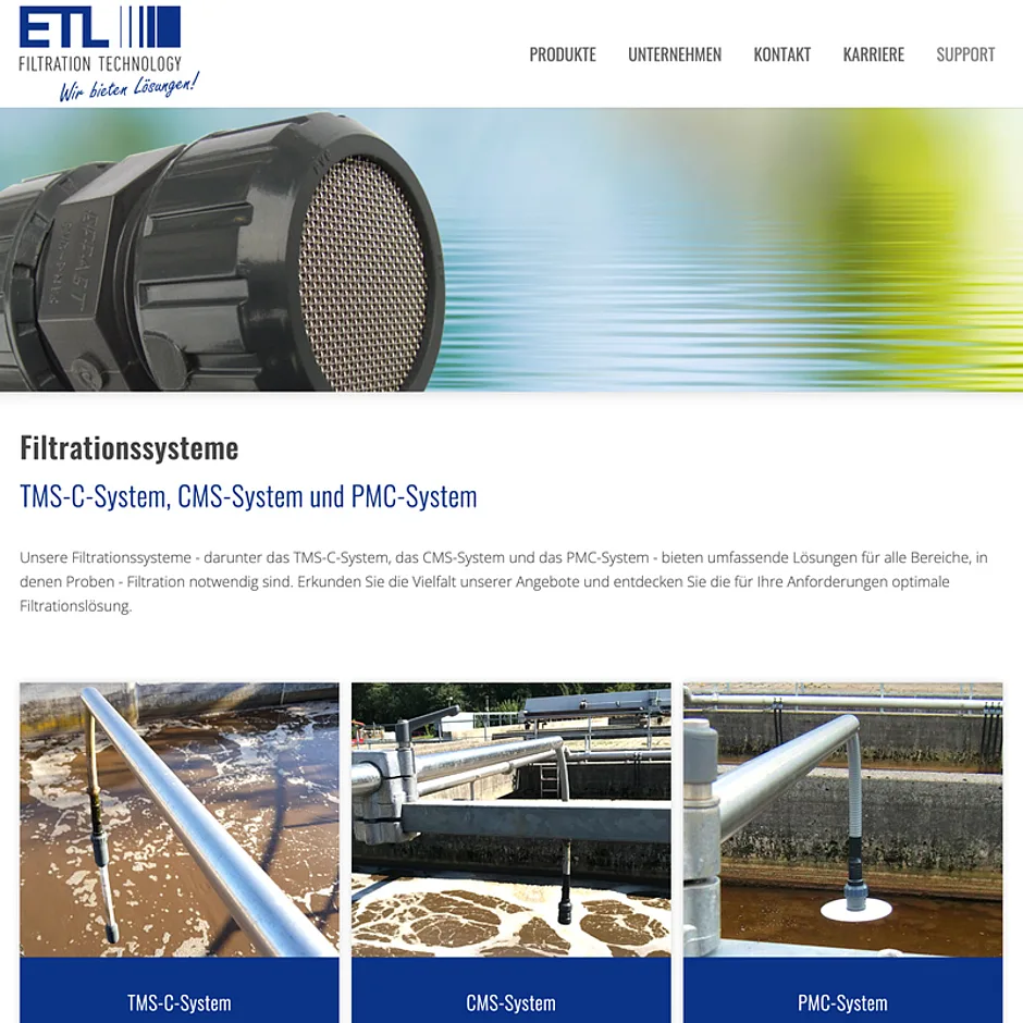 Website von ETL Filtration Technology mit Filtrationssystemen für Klärwerke