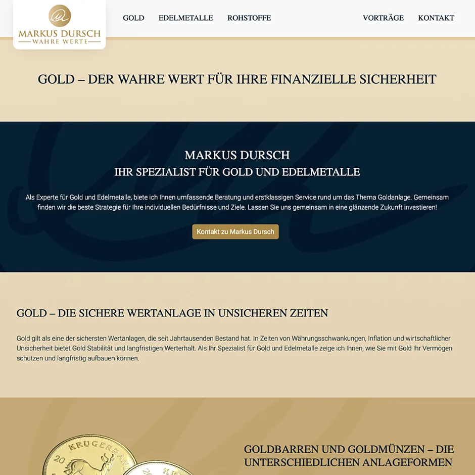Website von Markus Dursch Edelmetalle mit Goldbarren und Goldmünzen