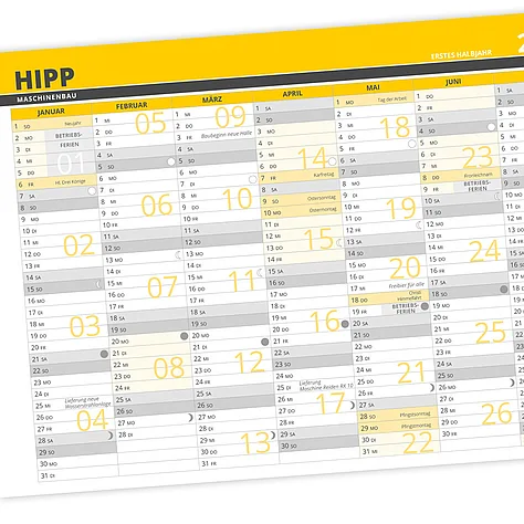 Gedruckter Wandkalender im Design von HIPP Maschinenbau